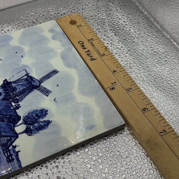 Delft Tile Blue & White Windmill Scene Ceramic Hand Painted Signed 6"x6" VTG - Picture 7 of 9